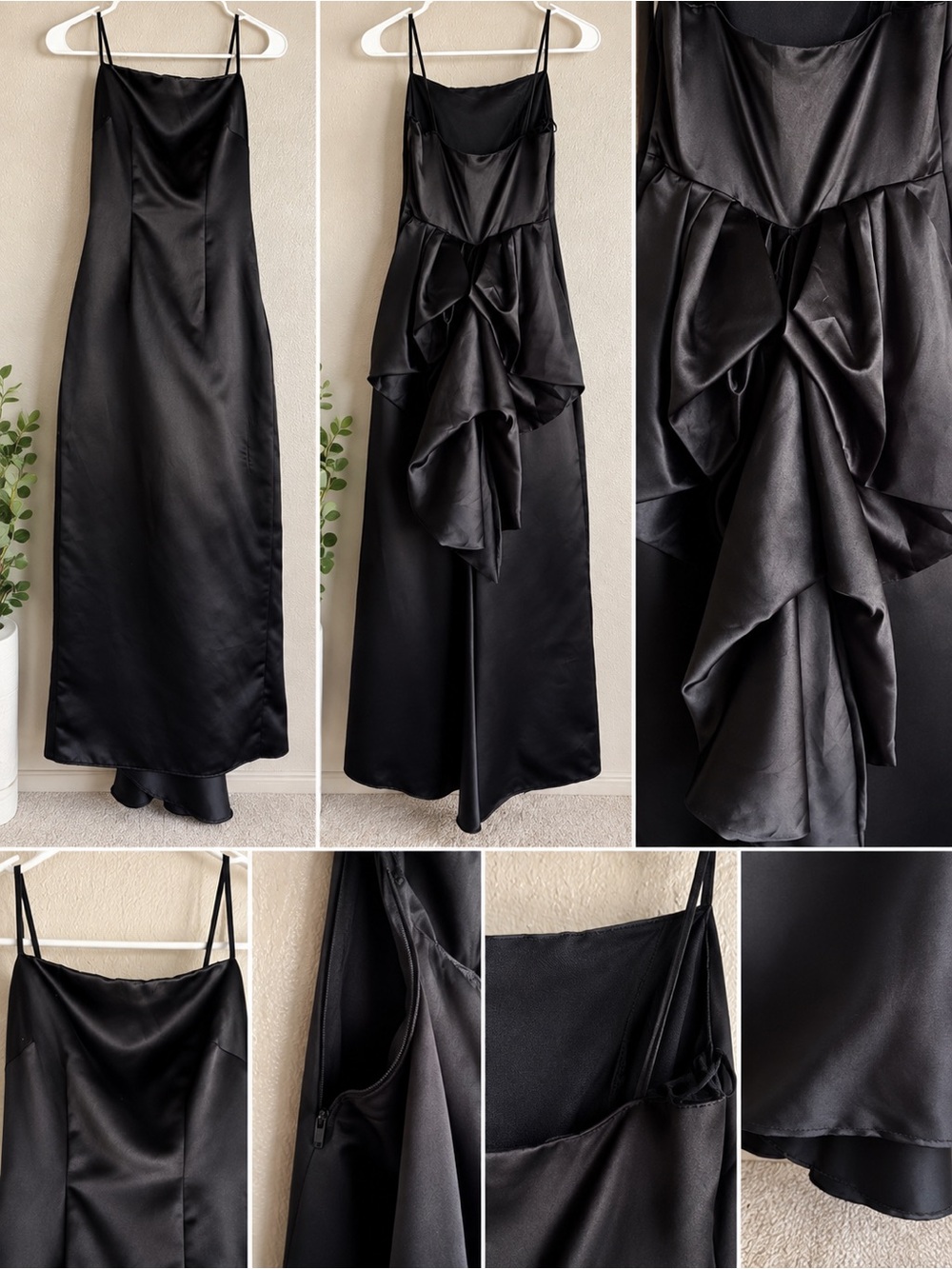 Vintage 1999 5.7.9 Classic Black Satin Evening Dress Size 0 Ruffle Bustle Y2K
